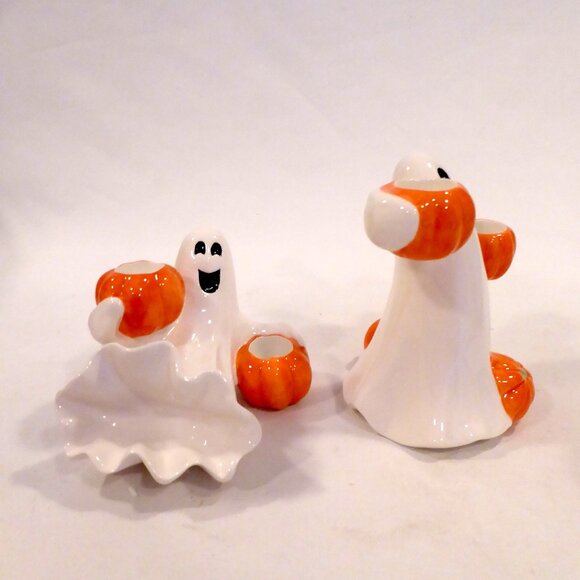 NEW 2004 FITZ & FLOYD HALLOWEEN CERAMIC SMILING GHOST TAPER CANDLE HOLDER SET - Picture 6 of 13